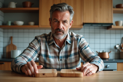 Homme moyenâgeux inspectant deux planches en bois dans une cuisine moderne