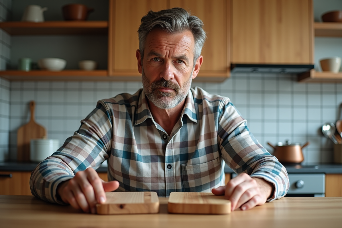 Homme moyenâgeux inspectant deux planches en bois dans une cuisine moderne