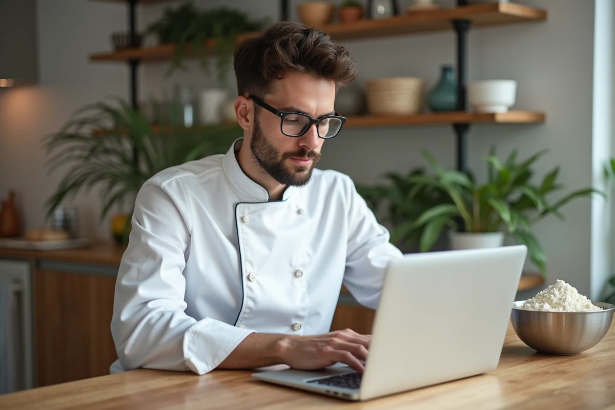 Jeune homme en veste de chef consulte un site de recettes