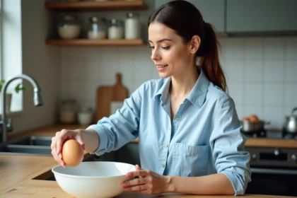Jeune femme dans la cuisine place un œuf dans un bol d'eau