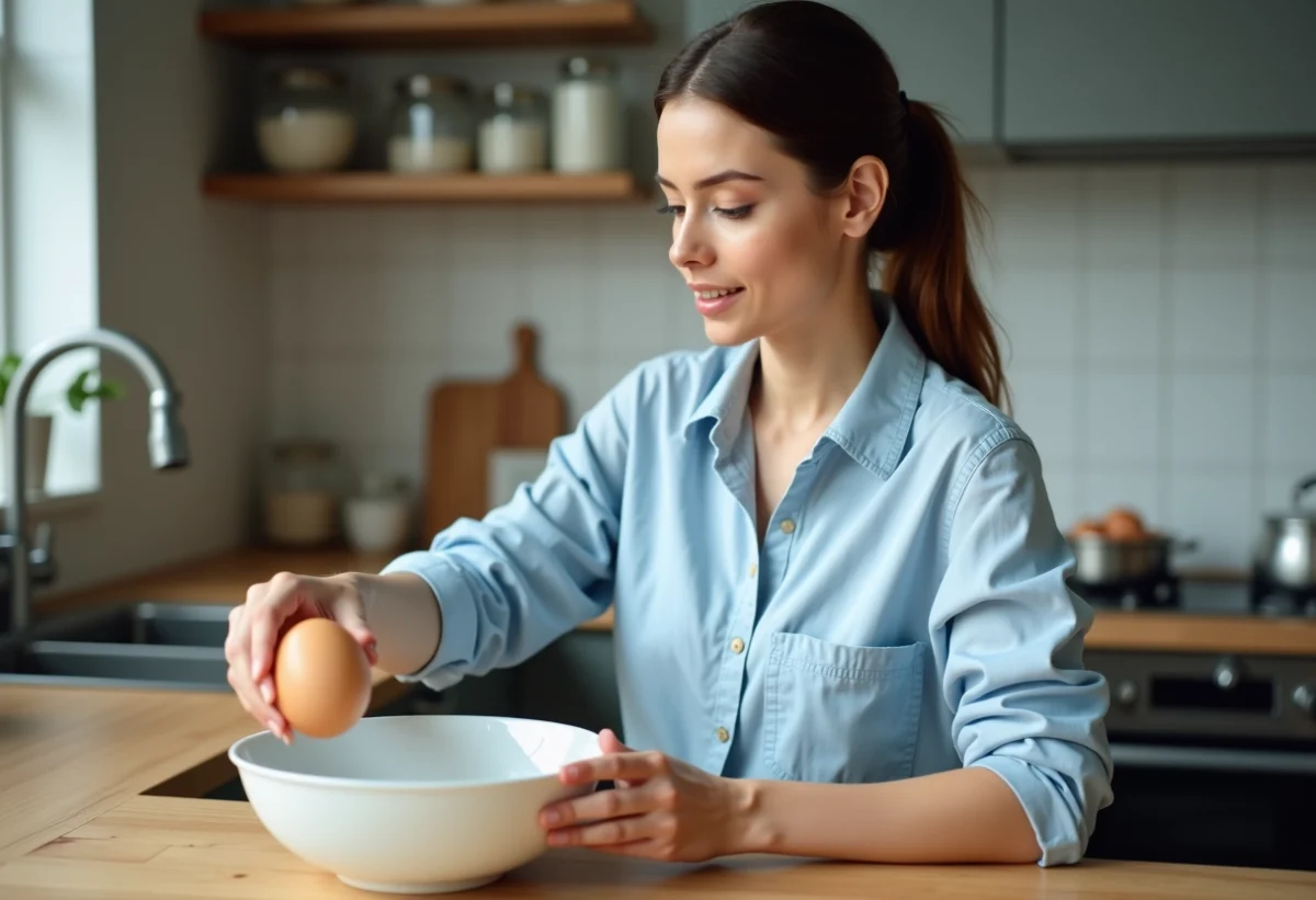 Jeune femme dans la cuisine place un œuf dans un bol d'eau