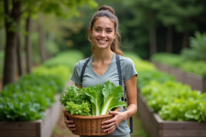 Jeune femme souriante avec panier de laitues fraîches dans le jardin