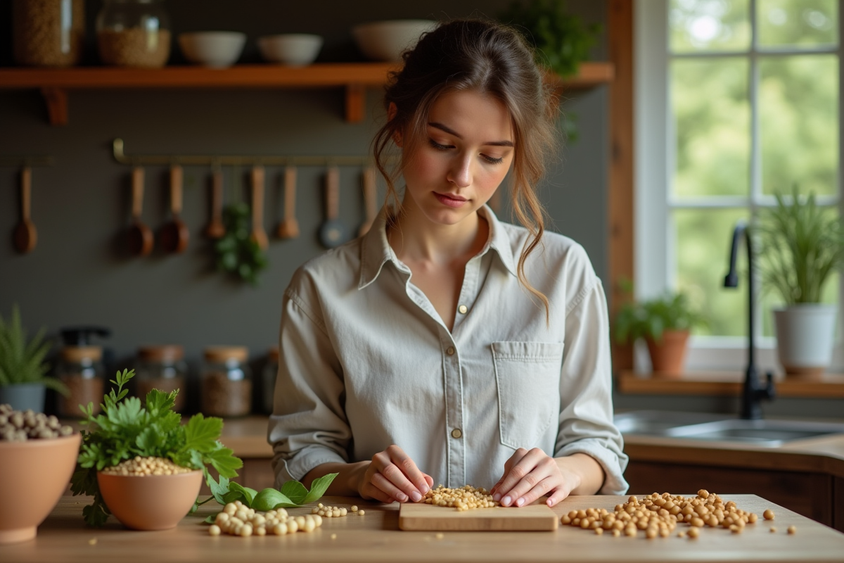 Jeune femme examine des légumes frais dans une cuisine rustique