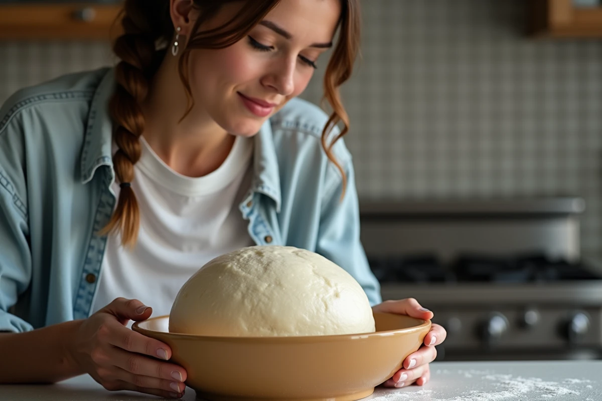 Jeune femme observant la pate levante dans un bol moderne