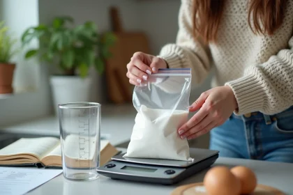 Jeune femme en cuisine pèse un sachet blanc avec une balance digitale