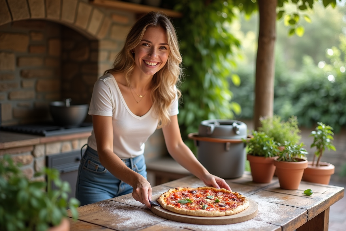 Jeune femme sortant une pizza du four en extérieur