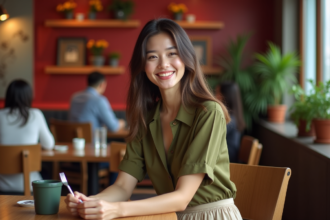 Jeune femme souriante dans un restaurant moderne