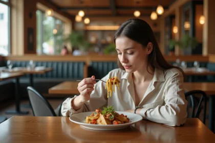 Jeune femme dégustant un plat Tyko dans un restaurant moderne