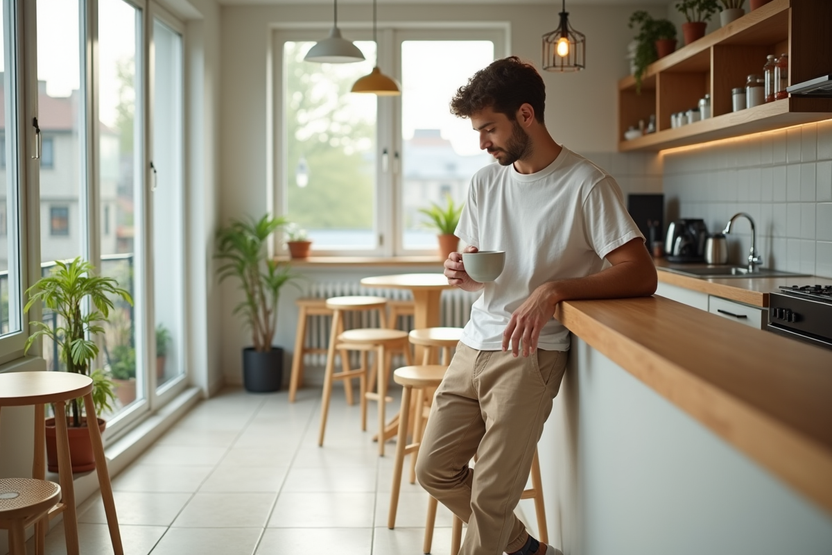 Jeune homme dégustant un café au bar dans un appartement lumineux