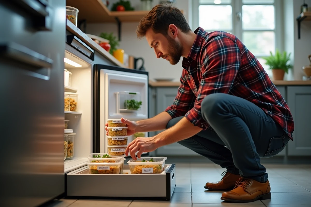Jeune homme rangeant des aubergines dans un congélateur