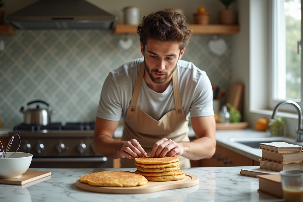 Jeune homme examine des baghrirs sur le comptoir