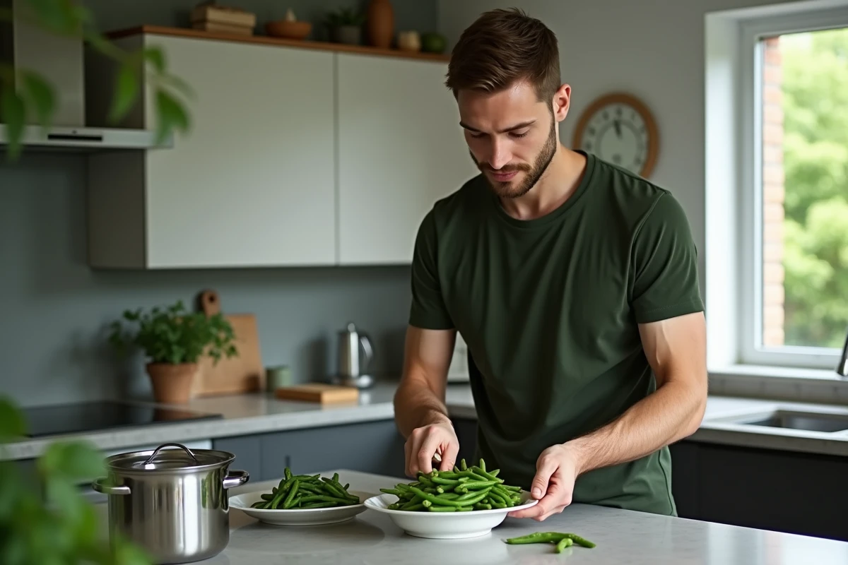 Jeune homme disposant des haricots verts sur une assiette dans une cuisine moderne