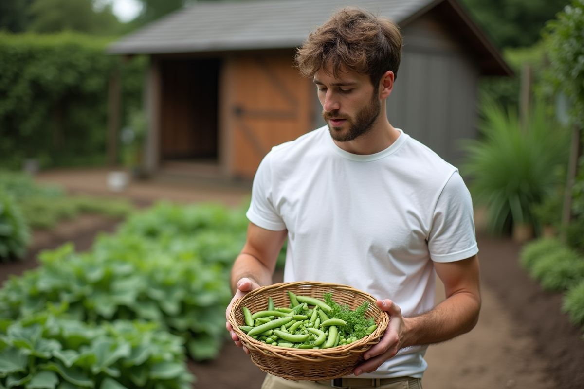 Jeune homme récoltant des légumes dans un jardin