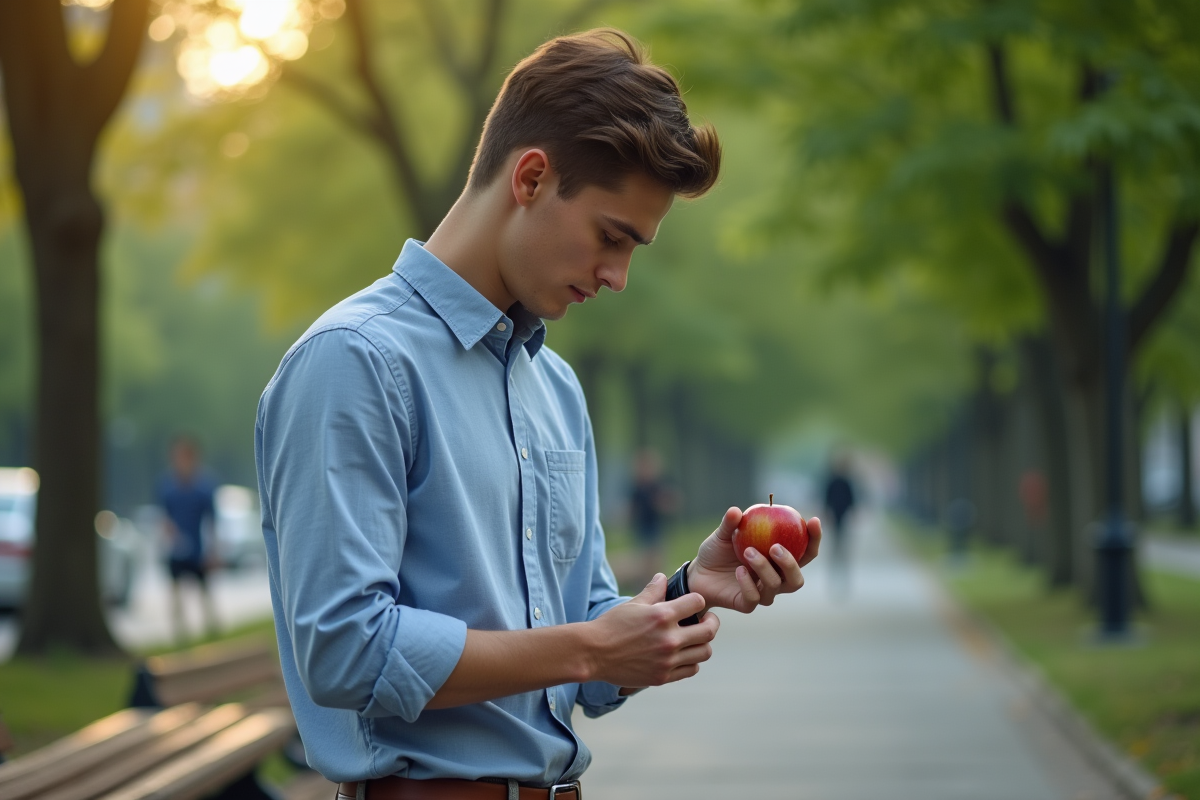 Jeune homme dans un parc urbain mangeant une pomme en regardant sa montre