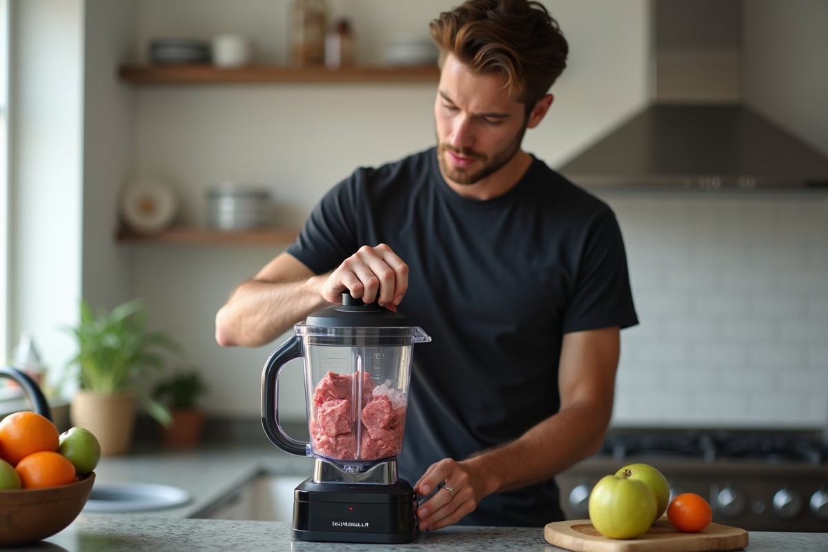 Jeune homme versant du boeuf dans un blender en cuisine