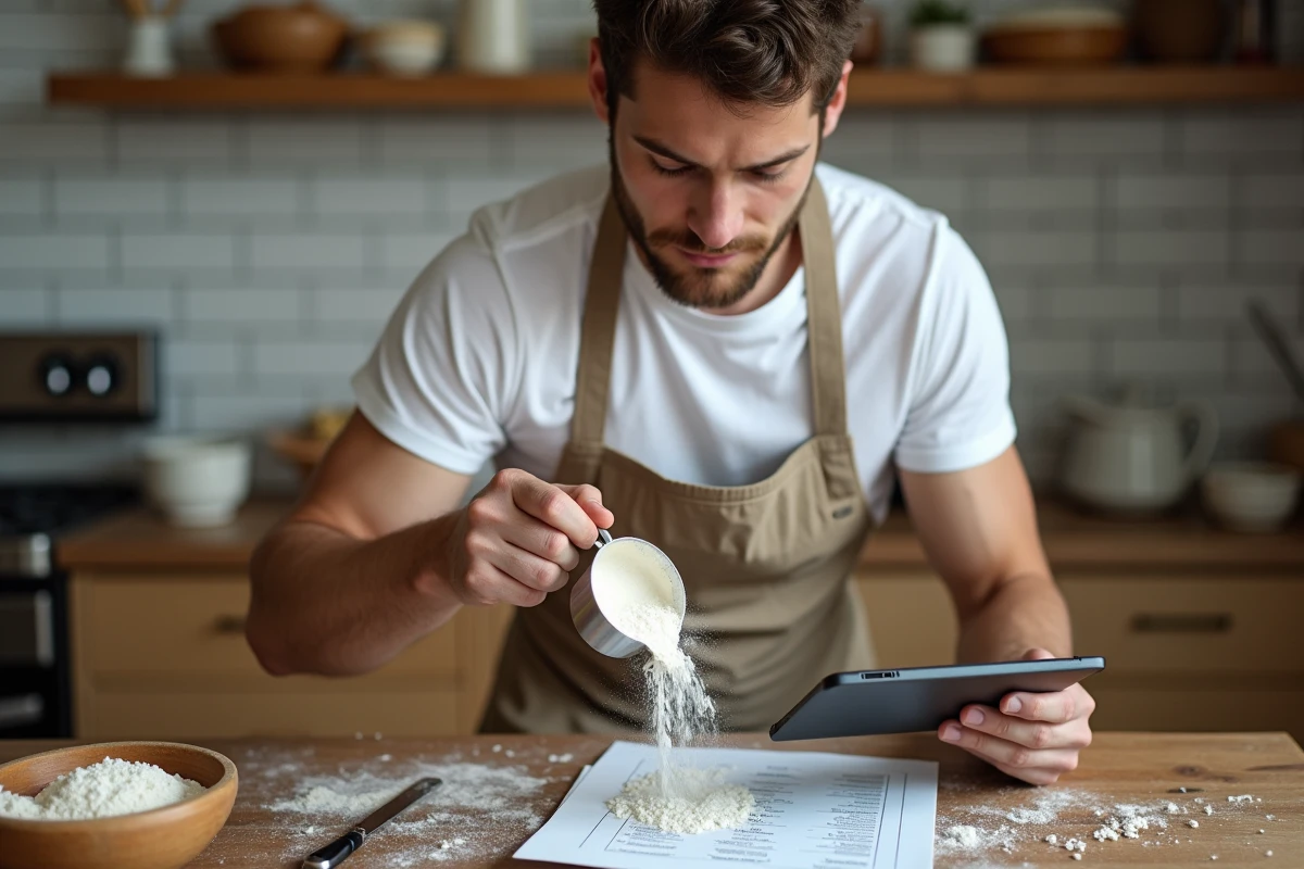 Jeune homme versant de la farine dans un bol de cuisine