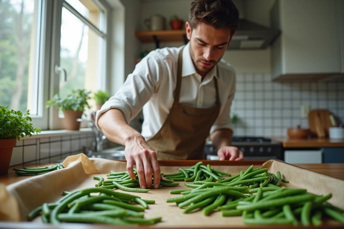 Jeune homme en cuisine disposant des haricots sur une plaque