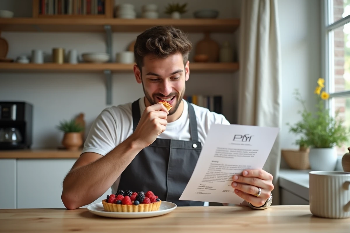 Jeune homme dégustant une tarte aux fruits dans la cuisine lumineuse