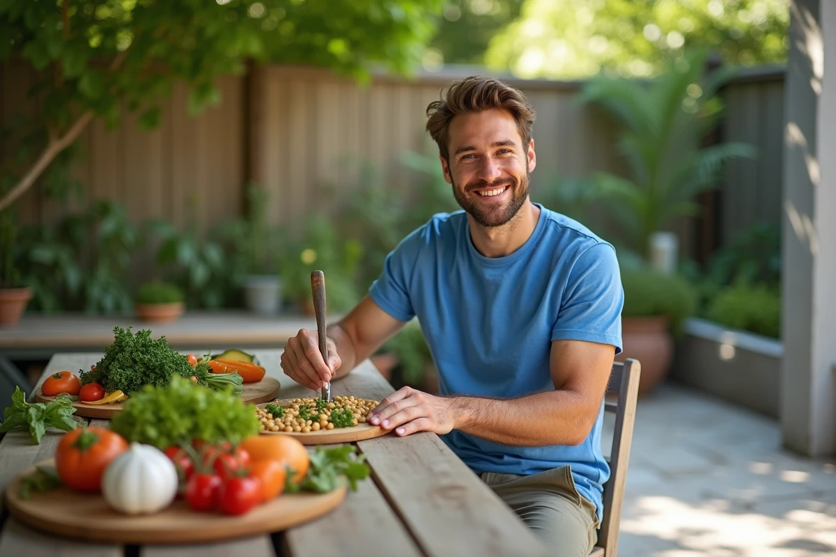 Jeune homme préparant une salade de pois chiches en extérieur