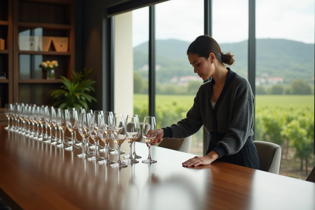 Jeune sommelier arrangeant des verres de vin dans une salle moderne
