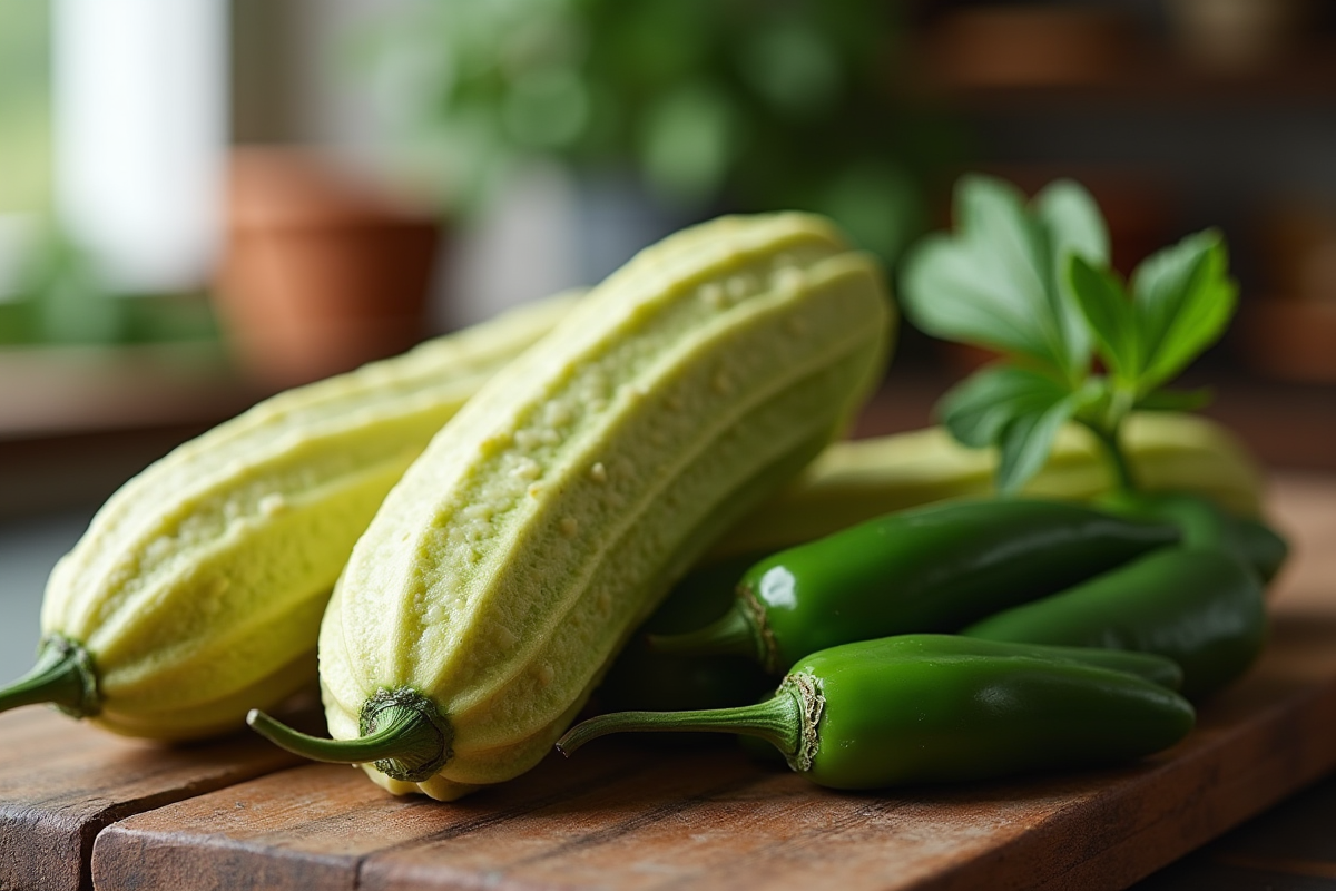 Jicama et jalapeños frais sur une table en bois rustique