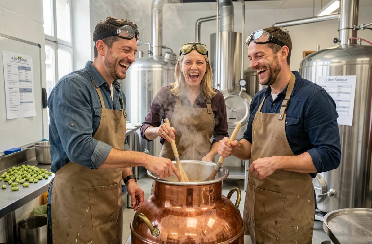 Trois participants hilares brassant leur propre bière dans un grand chaudron en cuivre lors d'un atelier de brassage à La Beer Fabrique à Paris, portant des tabliers et des lunettes de protection relevées sur le front.