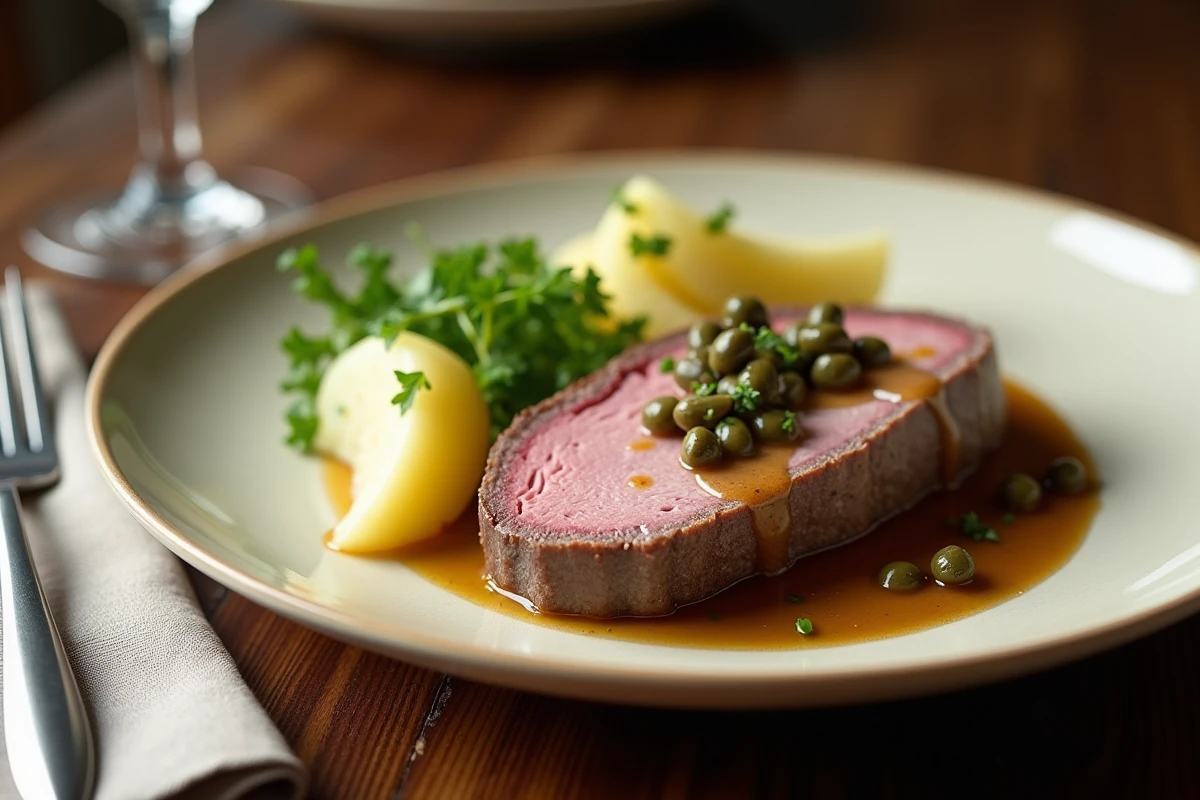 Assiette de langue de bœuf cuite en cocotte minute, tranchée et nappée de sauce gribiche avec pommes de terre vapeur