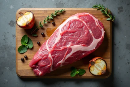 Langue de bœuf crue entière sur planche en bois avec aromates, poivre et laurier pour la cuisson en cocotte minute