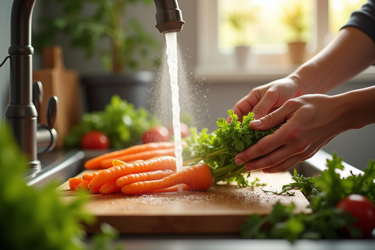 Mains lavant légumes Vletter sous un robinet en cuisine lumineuse