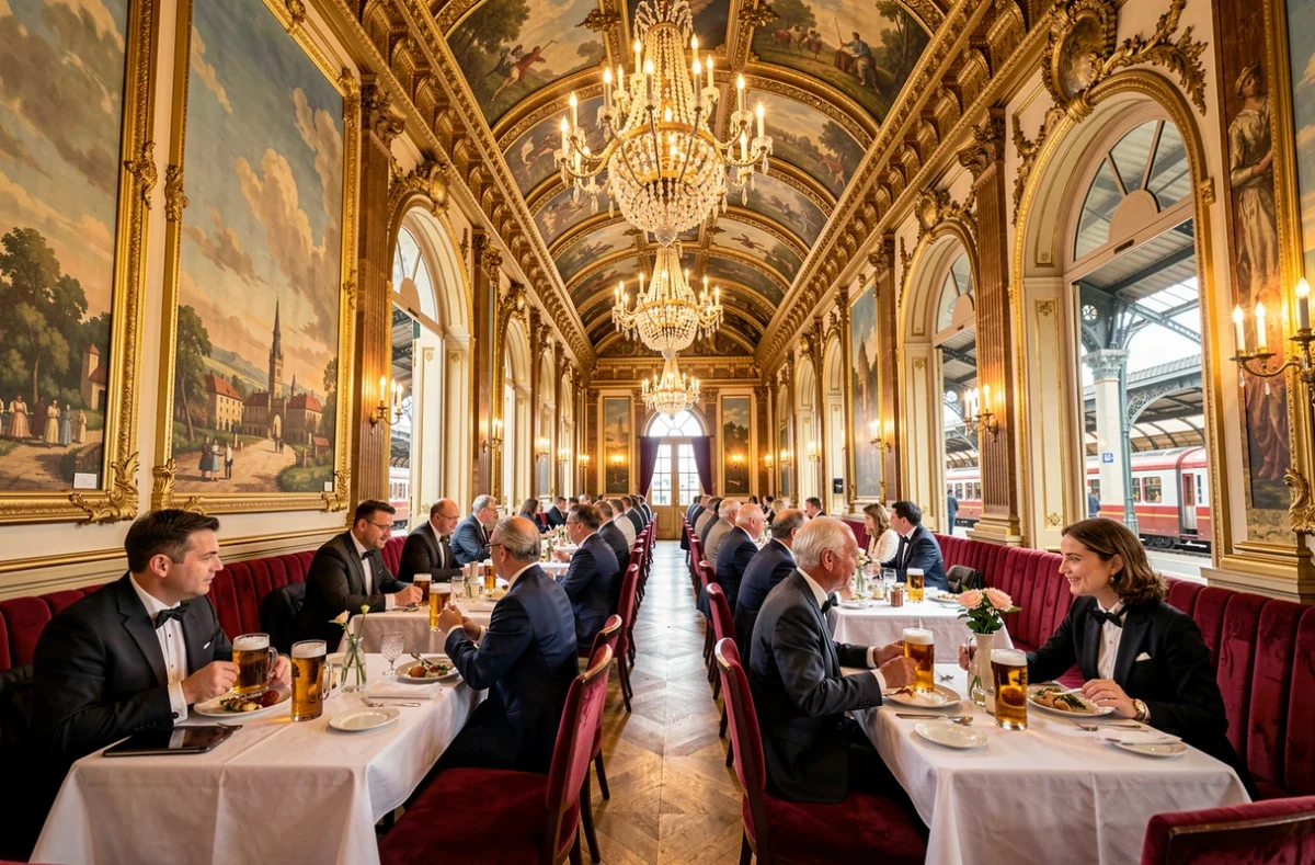 Salle de restaurant somptueuse du Train Bleu à la Gare de Lyon à Paris, avec ses plafonds dorés ornés, ses fresques murales classées aux monuments historiques, ses lustres en cristal et ses banquettes en velours rouge accueillant des clients.