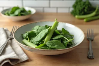 Bol de légumes en S pour régime léger : épinards, céleri et pois mange-tout frais sur table en bois rustique