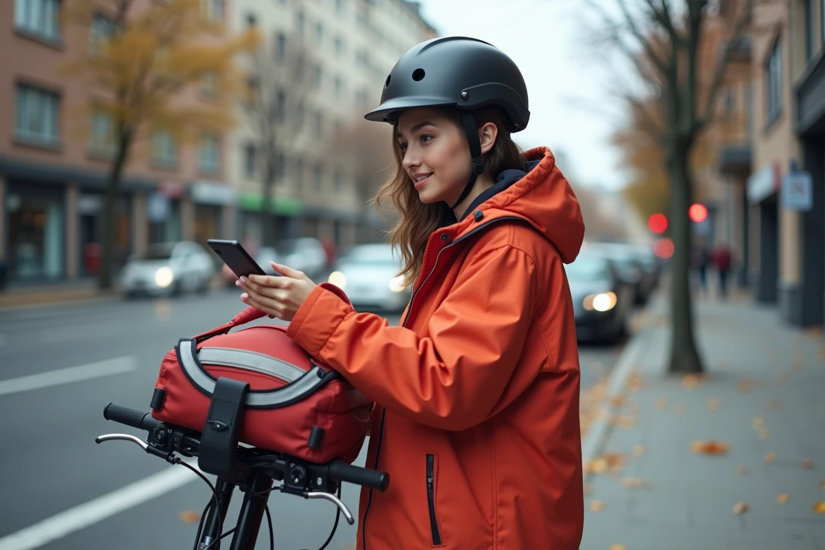 Livreuse en scooter électrique tenant un sac isotherme à pizza sur un trottoir urbain, représentant la livraison à domicile combinée avec une pizzeria locale