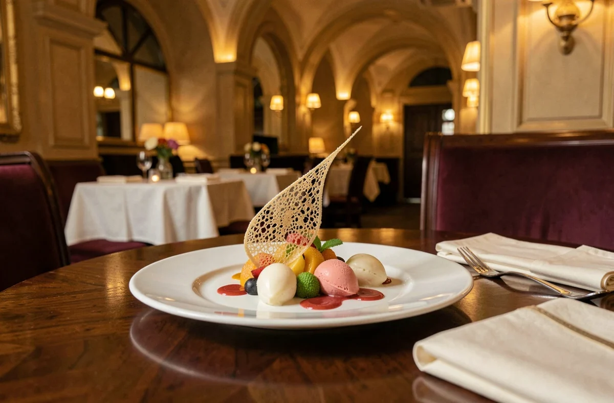 Dessert artistique de la Maison Decoret à Vichy, sculpture en sucre et coulis de fruits sur fond de décor Belle Époque raffiné