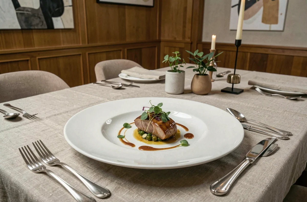 Assiette de haute cuisine de la Maison Troisgros à Ouches, présentation gastronomique raffinée sur porcelaine blanche avec sauces et herbes fraîches