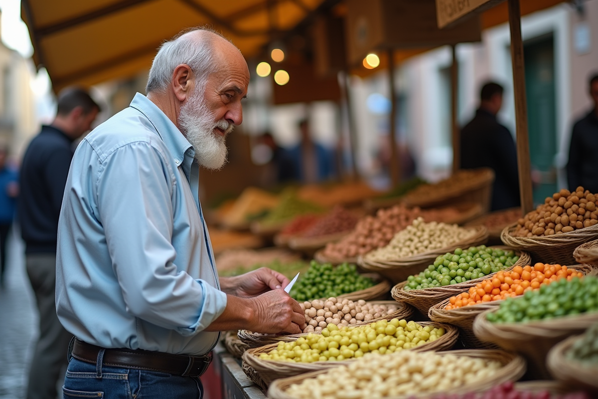 Homme âgé choisissant des légumineuses au marché