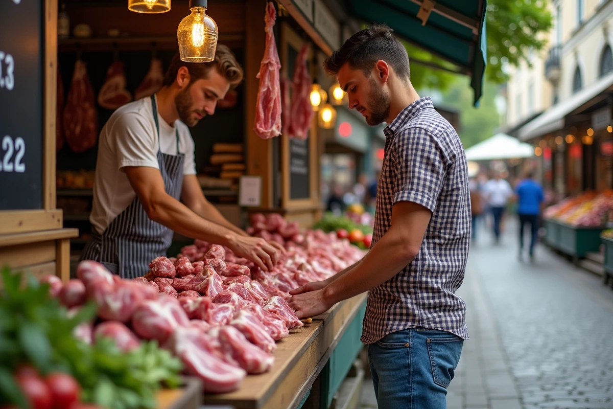 Jeune homme au marché choisissant du rein de veau