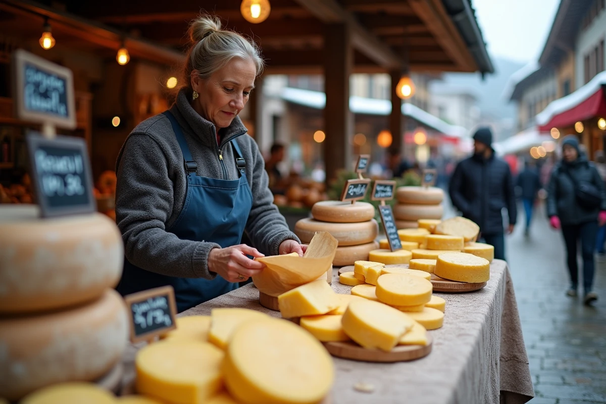 Étal de marché alpin proposant du Beaufort avec des prix affichés au kilo et à la pièce dans un village de Savoie