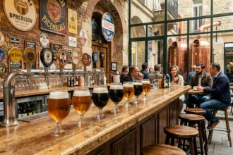 Vue panoramique d'un bar à bières artisanales parisien typique en Île-de-France, avec des robinets de bière en laiton, des verres tulipe remplis de bières ambrées et brunes, et une décoration en brique apparente évoquant la culture brassicole francilienne.
