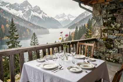 Table dressée élégamment sur une terrasse alpine avec vue sur un lac de montagne en Haute-Savoie, symbolisant la gastronomie de la région