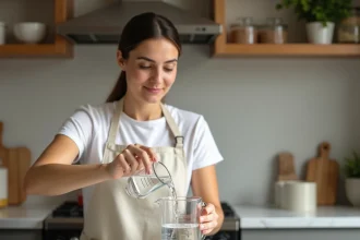 Femme versant de l'eau d'un verre doseur de 20cl dans un pichet gradué d'un litre sur un plan de travail en marbre blanc
