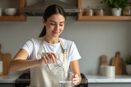 Femme versant de l'eau d'un verre doseur de 20cl dans un pichet gradué d'un litre sur un plan de travail en marbre blanc