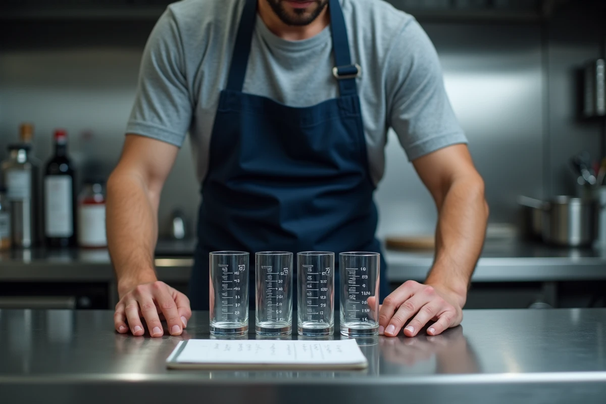 Chef cuisinier avec des éprouvettes graduées de 25 cl à 1 litre dans une cuisine professionnelle