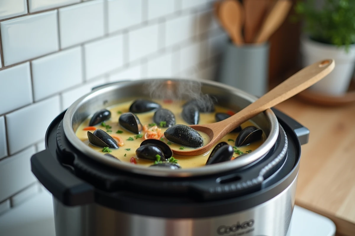 Cookeo ouvert avec des moules en sauce crémeuse en cours de cuisson sur un plan de travail de cuisine moderne