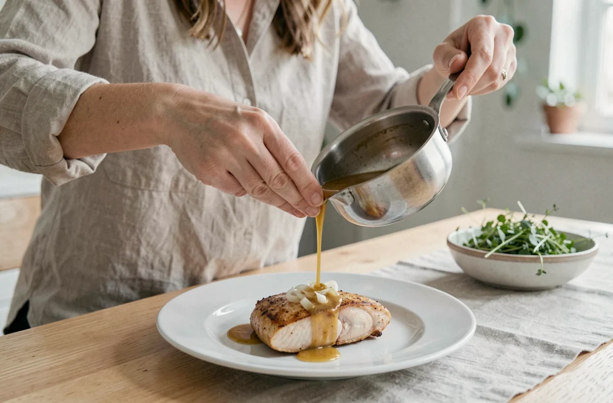 Femme versant une sauce légère à l'échalote sur un poulet poêlé dans une assiette blanche sur une table scandinave