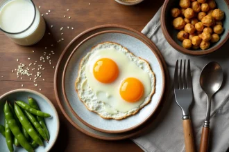 Assiette d'œufs au plat accompagnée d'alternatives protéinées végétales pour intolérants au lactose sur table en bois
