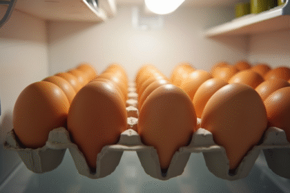 Oeufs marron dans un carton recyclé dans le frigo