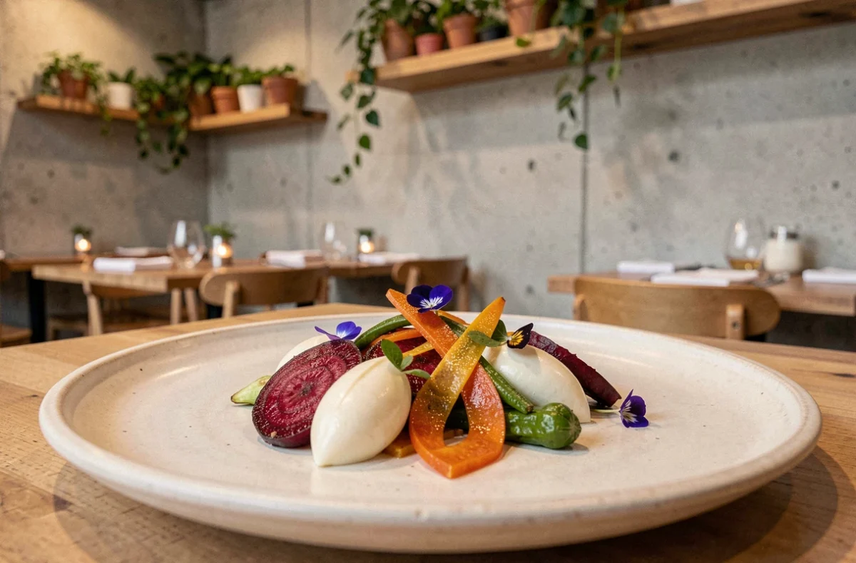 Assiette végétale créative du restaurant Origines à Issoire, betteraves rôties, fromage de chèvre et fleurs comestibles sur céramique artisanale dans un décor contemporain