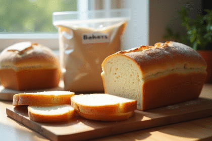 Pain frais tranché sur une planche en bois avec lumière naturelle