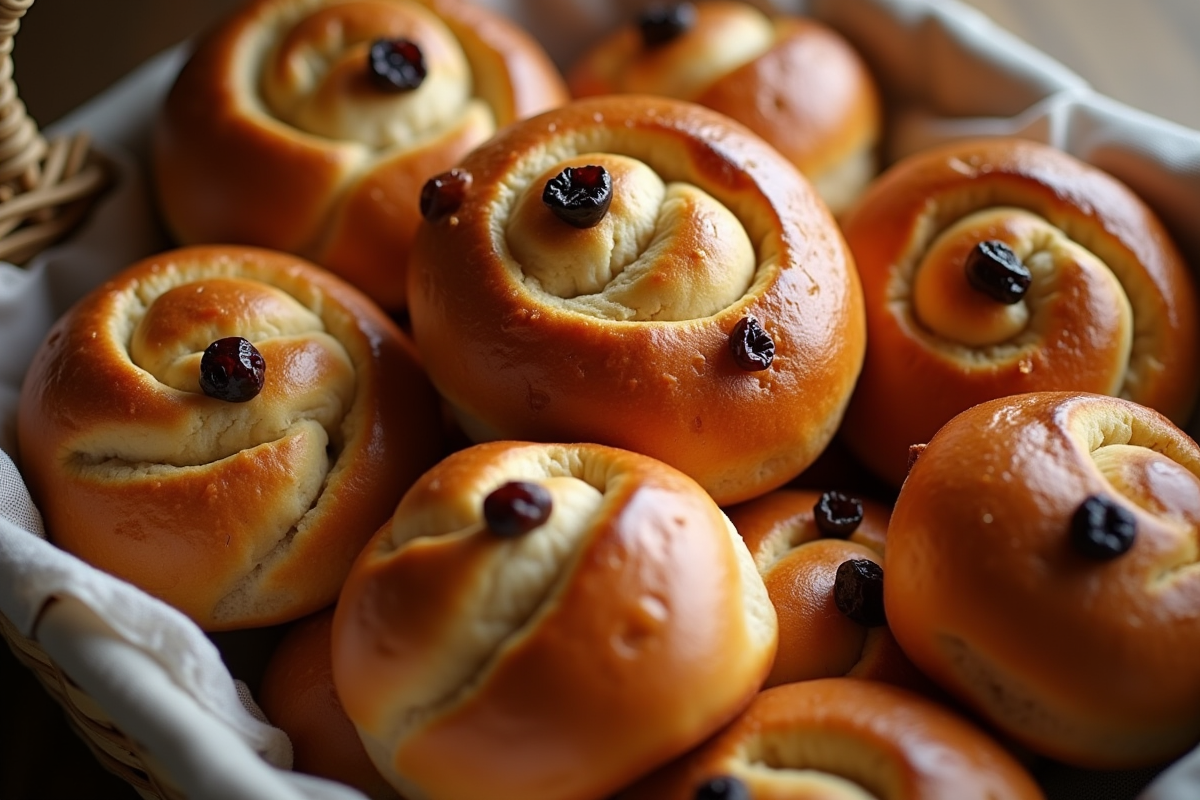 Panier avec pains au raisin brillants et moelleux