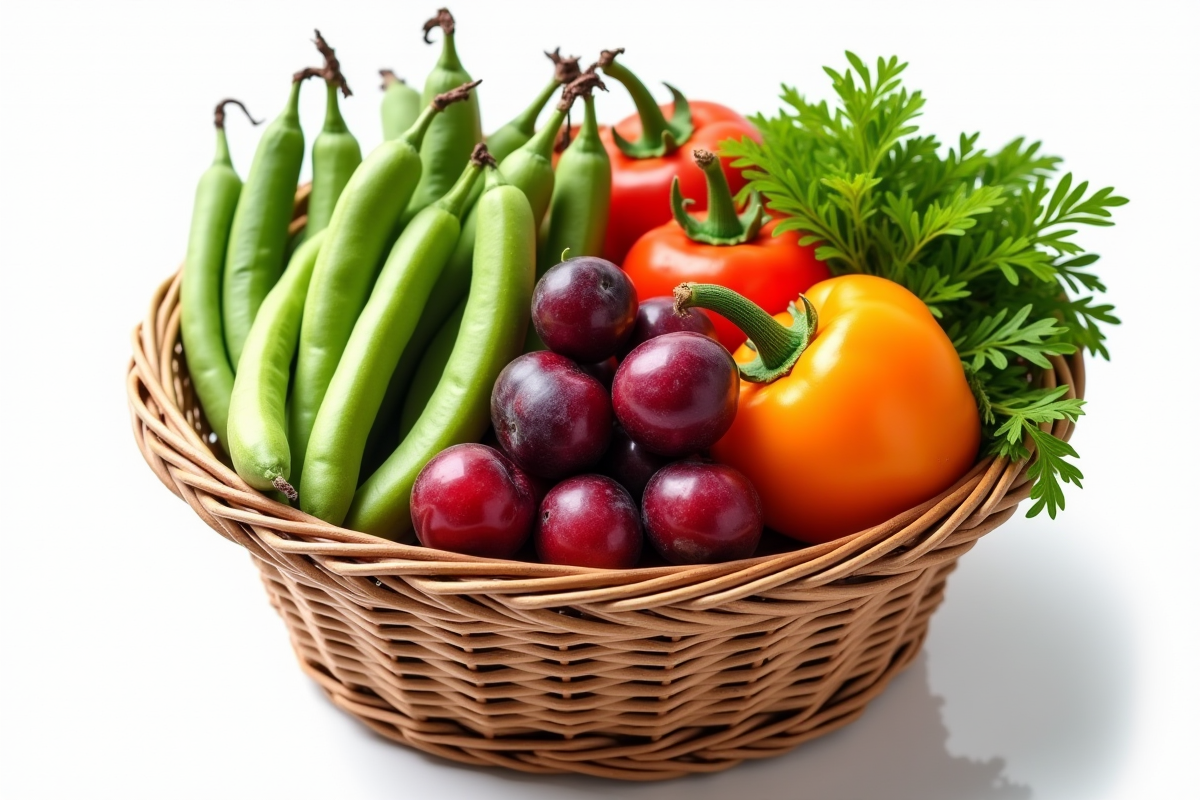 Panier rempli de fruits et légumes V sur fond blanc